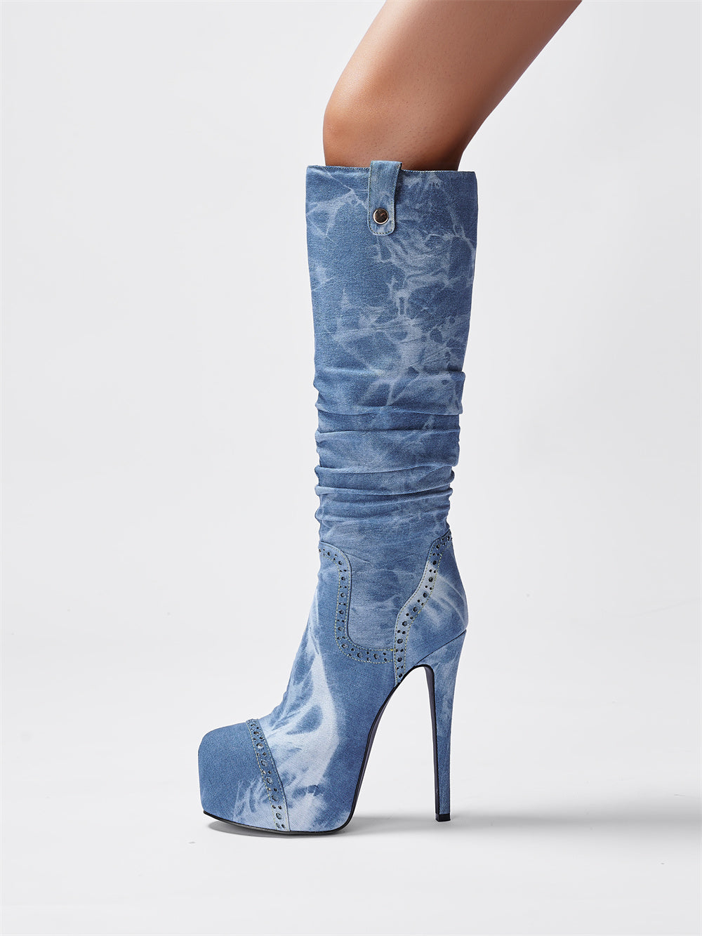 Blue Denim Platform Heel Stiletto Knee-High Boots