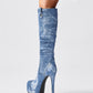 Blue Denim Platform Heel Stiletto Knee-High Boots