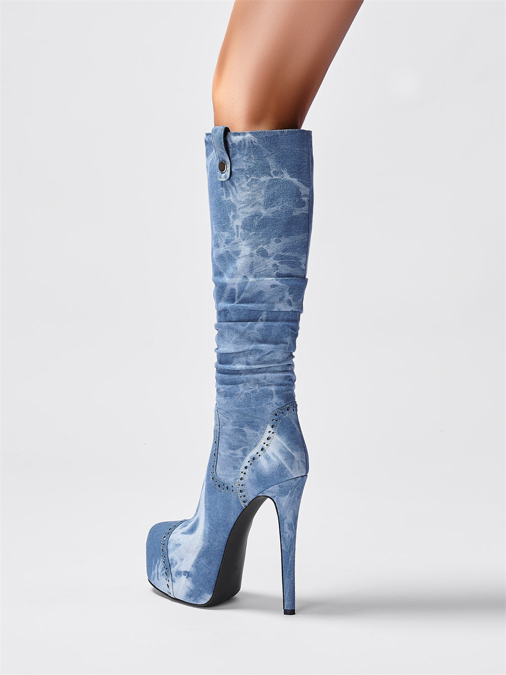 Blue Denim Platform Heel Stiletto Knee-High Boots