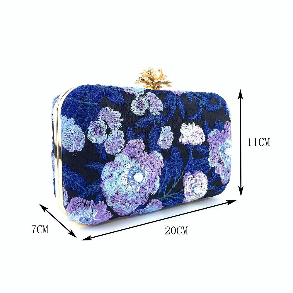 Blue Embroidered Party Clutch Handbag