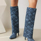 Blue Fashion Fabric Fold Over Stiletto Heel Pointed Toe Knee High Boots