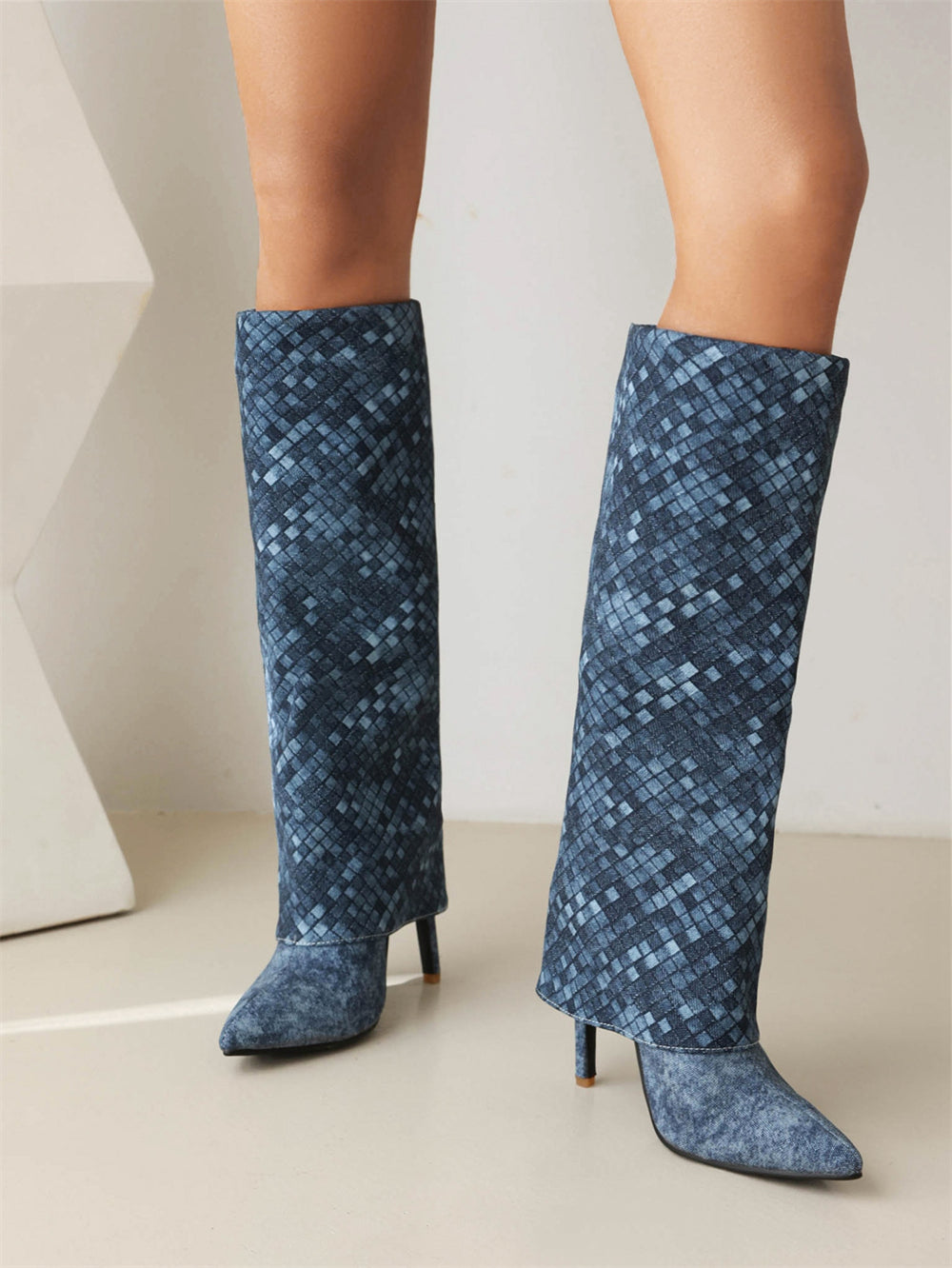 Blue Fashion Fabric Fold Over Stiletto Heel Pointed Toe Knee High Boots