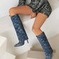 Blue Fashion Fabric Fold Over Stiletto Heel Pointed Toe Knee High Boots