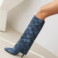 Blue Fashion Fabric Fold Over Stiletto Heel Pointed Toe Knee High Boots