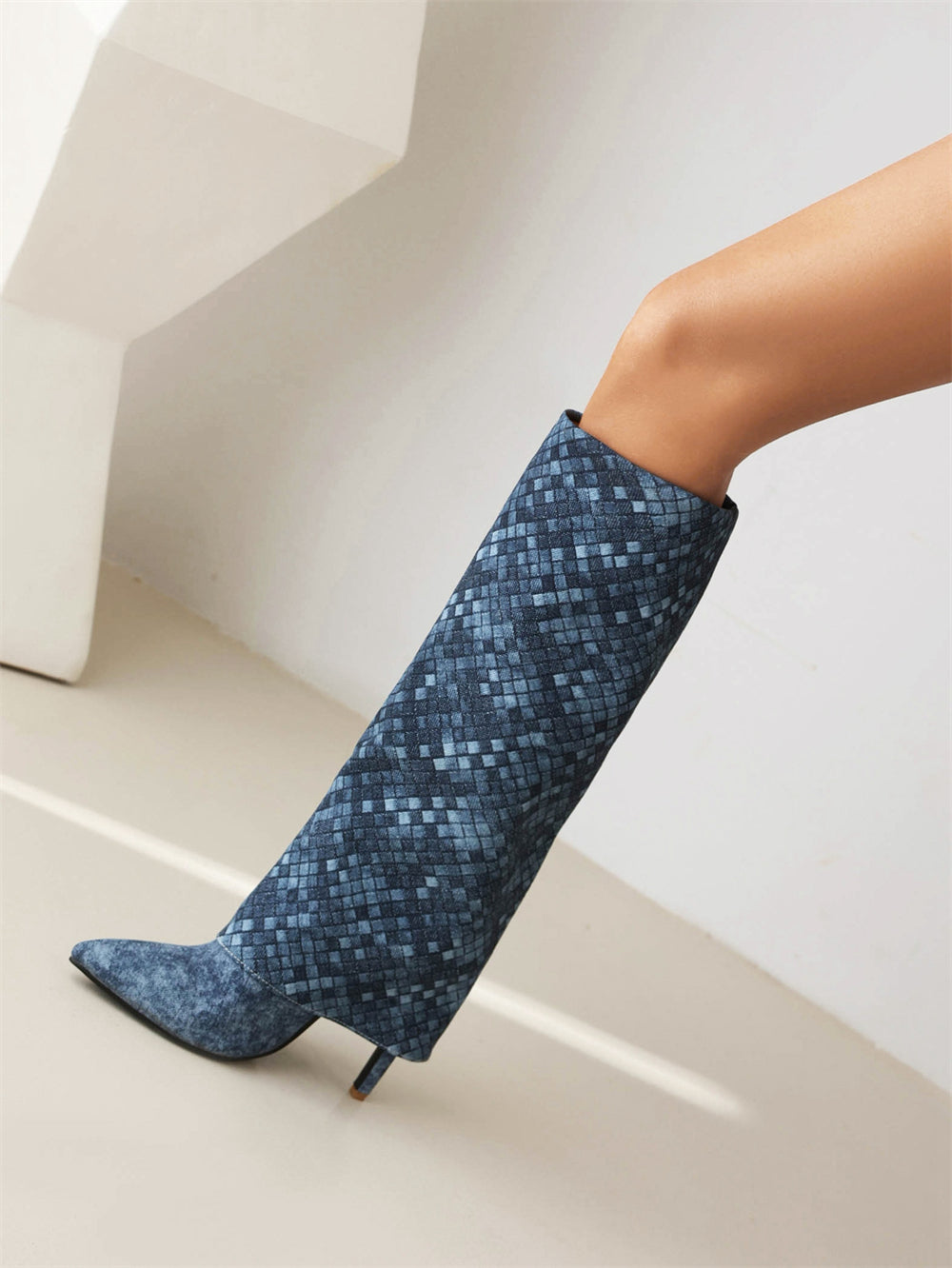 Blue Fashion Fabric Fold Over Stiletto Heel Pointed Toe Knee High Boots