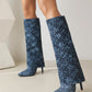 Blue Fashion Fabric Fold Over Stiletto Heel Pointed Toe Knee High Boots