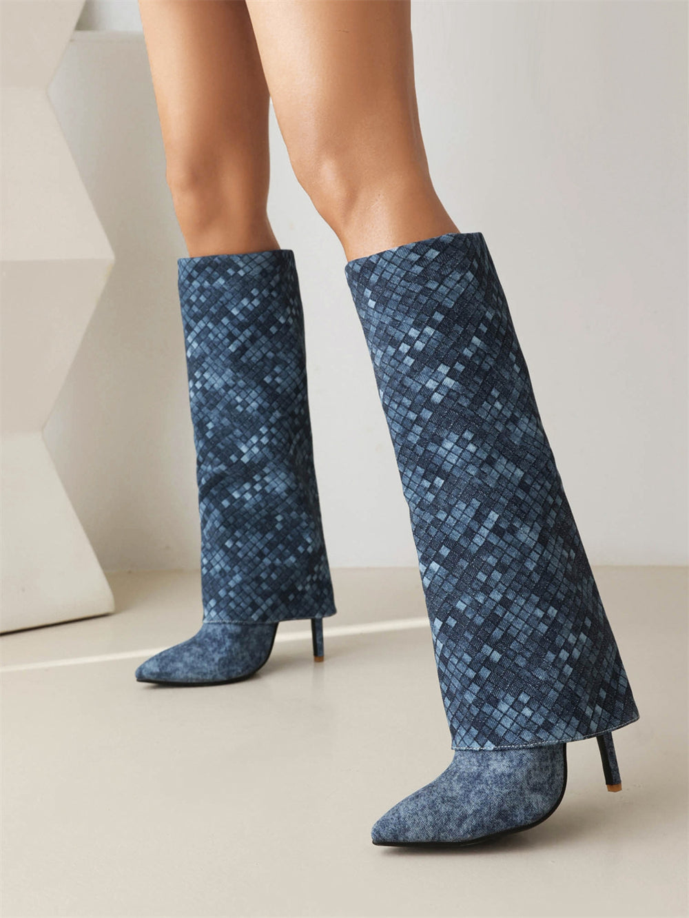 Blue Fashion Fabric Fold Over Stiletto Heel Pointed Toe Knee High Boots