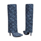 Blue Fashion Fabric Fold Over Stiletto Heel Pointed Toe Knee High Boots