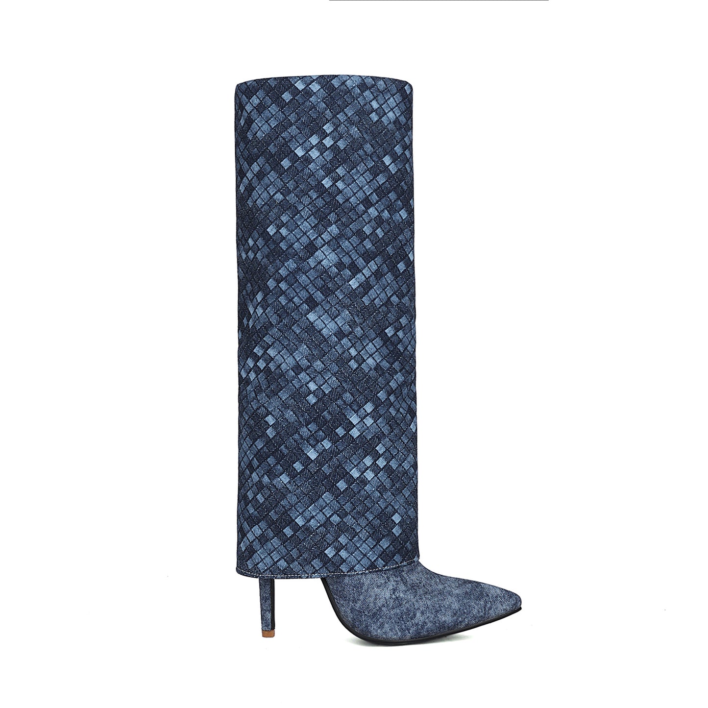 Blue Fashion Fabric Fold Over Stiletto Heel Pointed Toe Knee High Boots