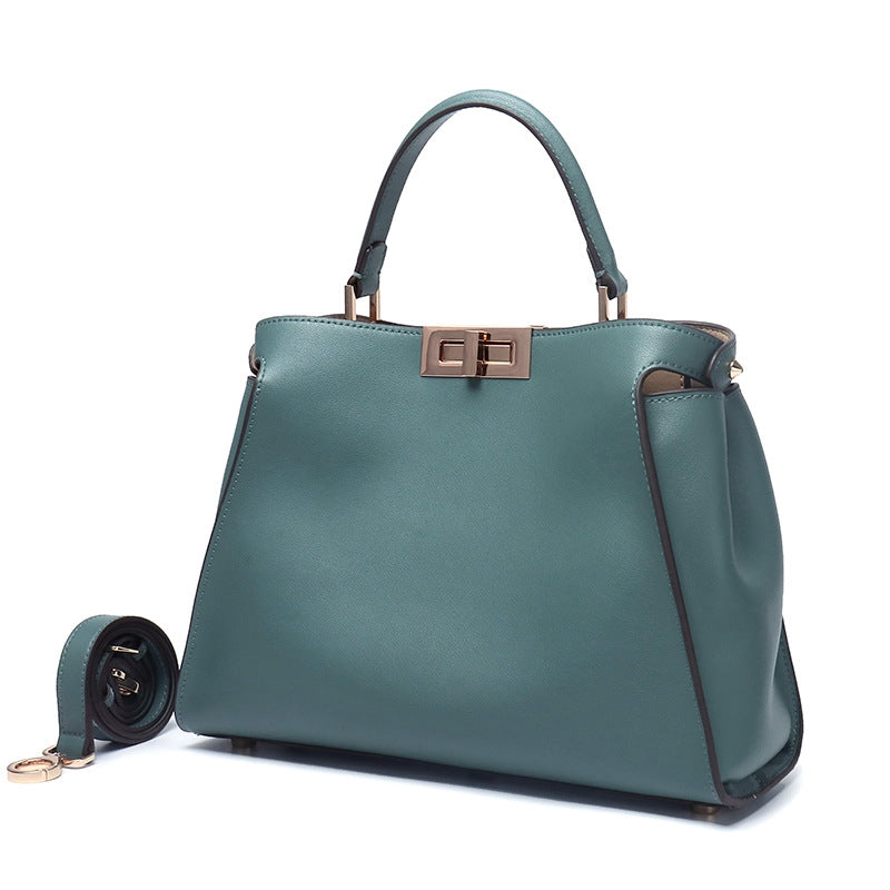 Blue Leather Satchel Handbag with Metal Lock Bag