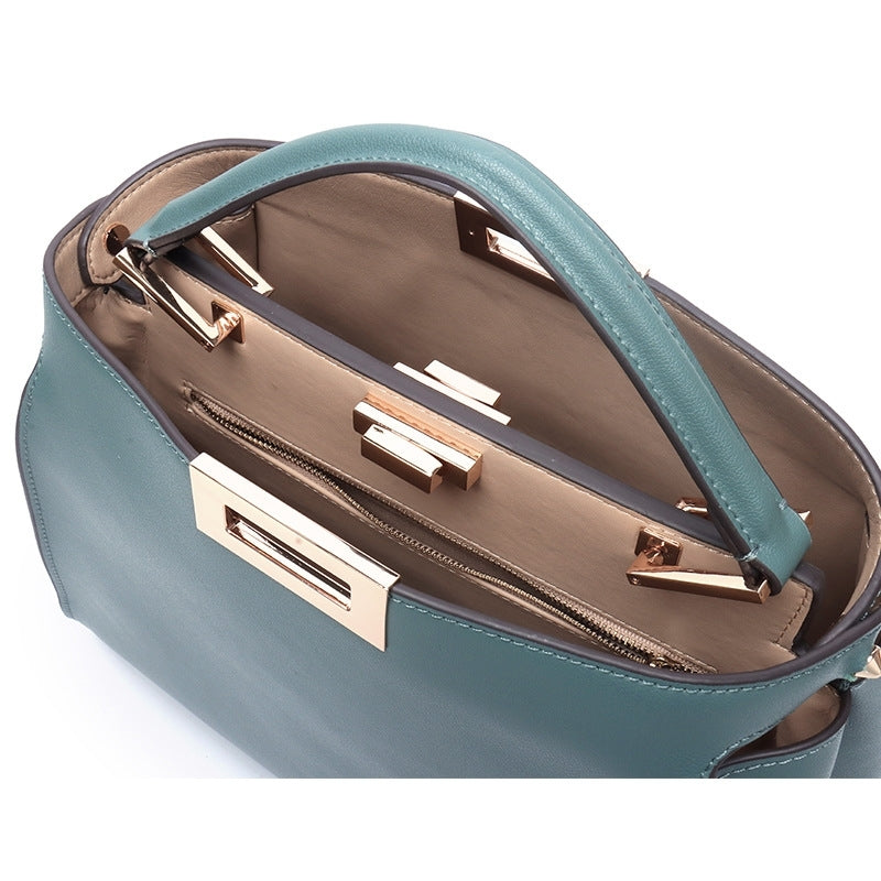 Blue Leather Satchel Handbag with Metal Lock Bag