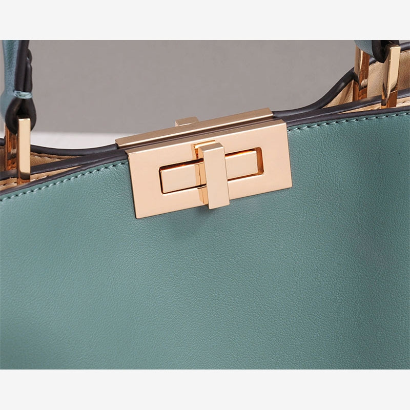 Blue Leather Satchel Handbag with Metal Lock Bag