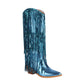 Blue Metallic Vegan Leather Fringe Block Heel Western Cowboy Boots