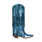 Blue Metallic Vegan Leather Fringe Block Heel Western Cowboy Boots