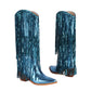 Blue Metallic Vegan Leather Fringe Block Heel Western Cowboy Boots