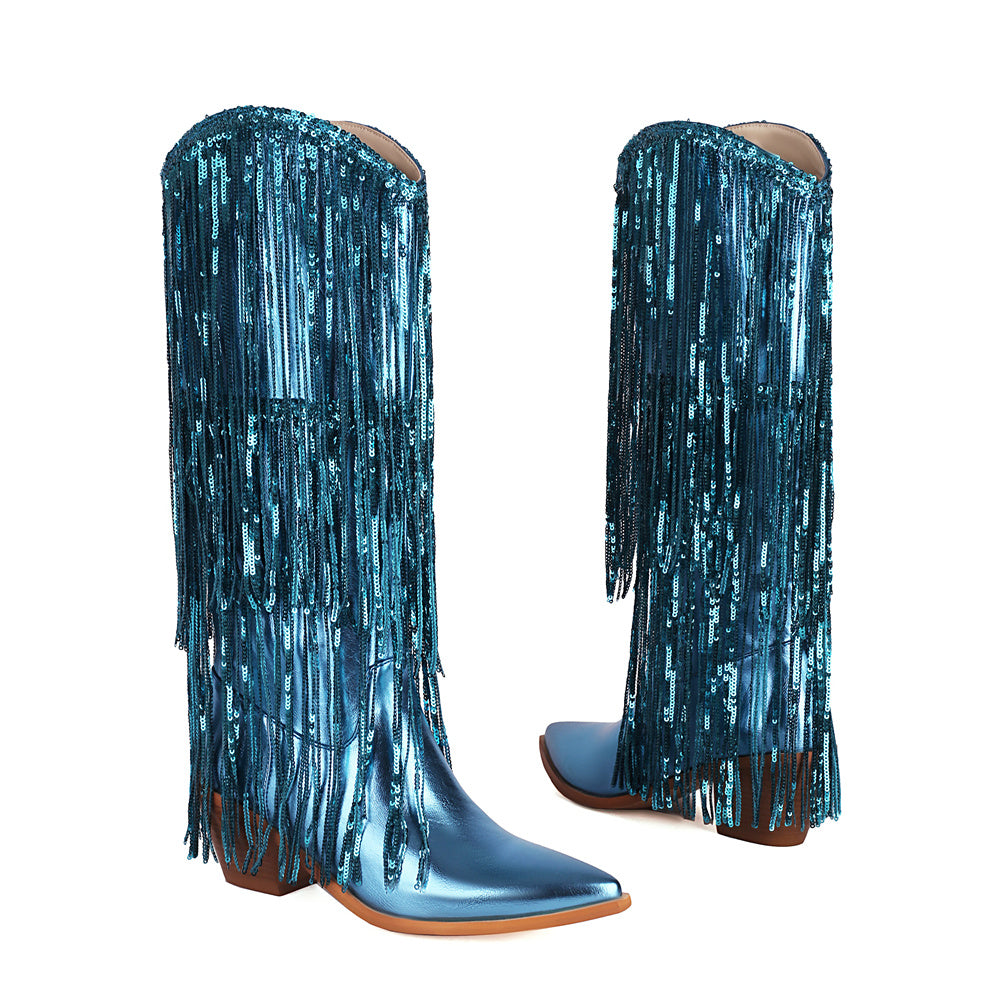 Blue Metallic Vegan Leather Fringe Block Heel Western Cowboy Boots