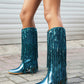 Blue Metallic Vegan Leather Fringe Block Heel Western Cowboy Boots