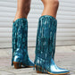 Blue Metallic Vegan Leather Fringe Block Heel Western Cowboy Boots