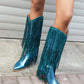 Blue Metallic Vegan Leather Fringe Block Heel Western Cowboy Boots