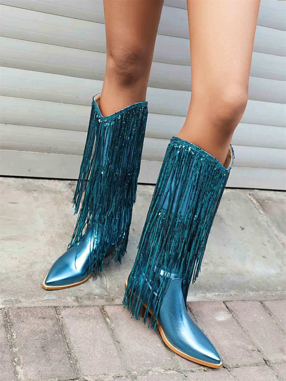 Blue Metallic Vegan Leather Fringe Block Heel Western Cowboy Boots