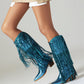 Blue Metallic Vegan Leather Fringe Block Heel Western Cowboy Boots