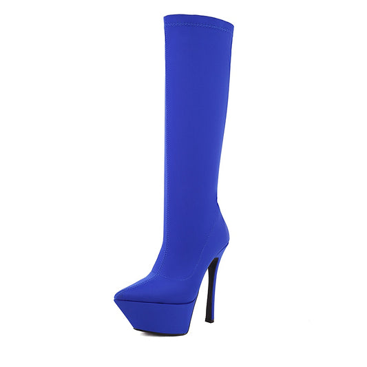 Blue Elastic Platform Knee High Boots Stiletto Heel Sock Boots