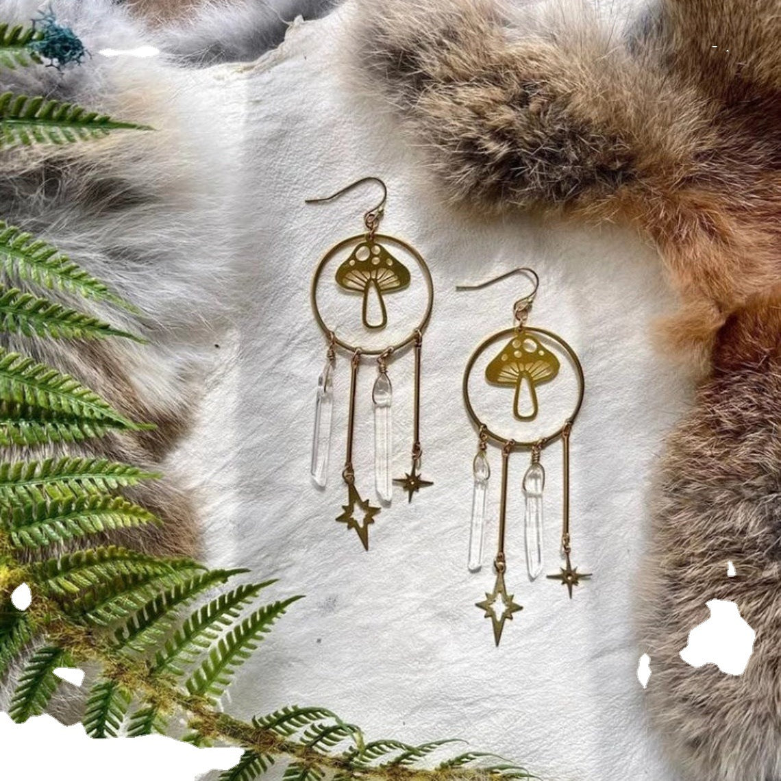 Bohemian Folk Style Pendant Natural Quartz Crystal Gold Circle Mushroom Earrings