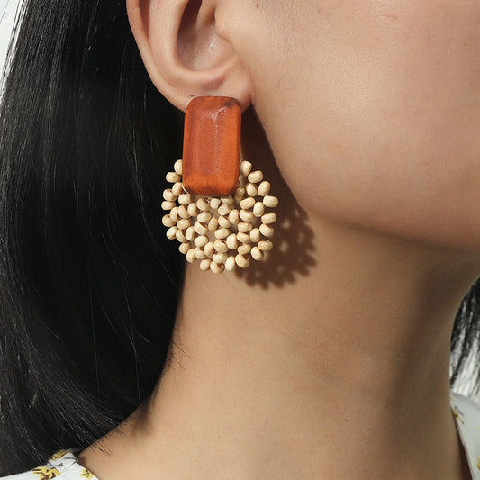 Handwoven Geometric Wood Bead Earrings