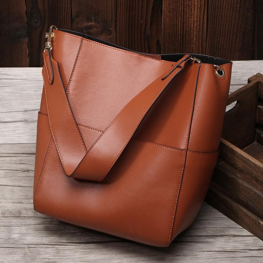 Brown Leather Shoulder Bucket Bag Large Capacity Tote Bag Commuting Daily