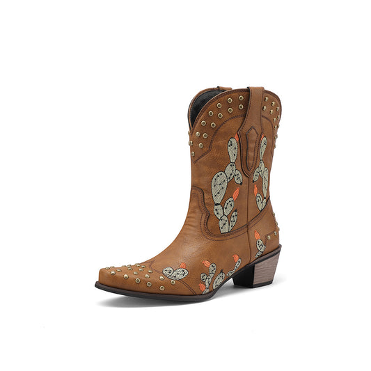 Brown Desert's Cactus Embroidery West Cowboy Boots Retro Ankle Booties for Women