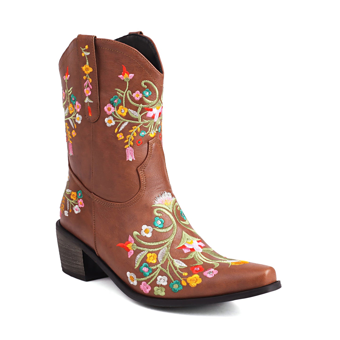 Brown Embroidered Floral Western Cowboy Boots