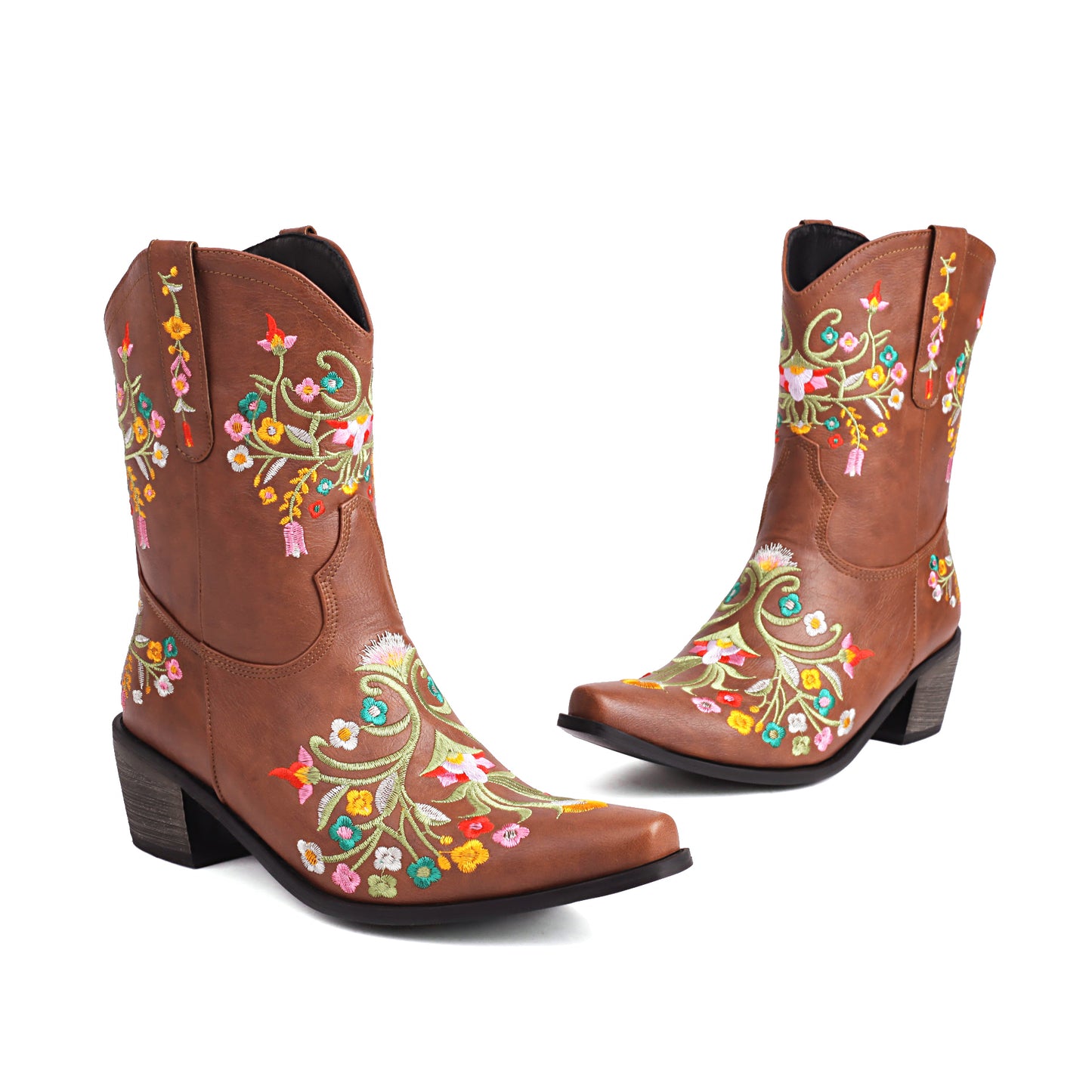 Brown Embroidered Floral Western Cowboy Boots