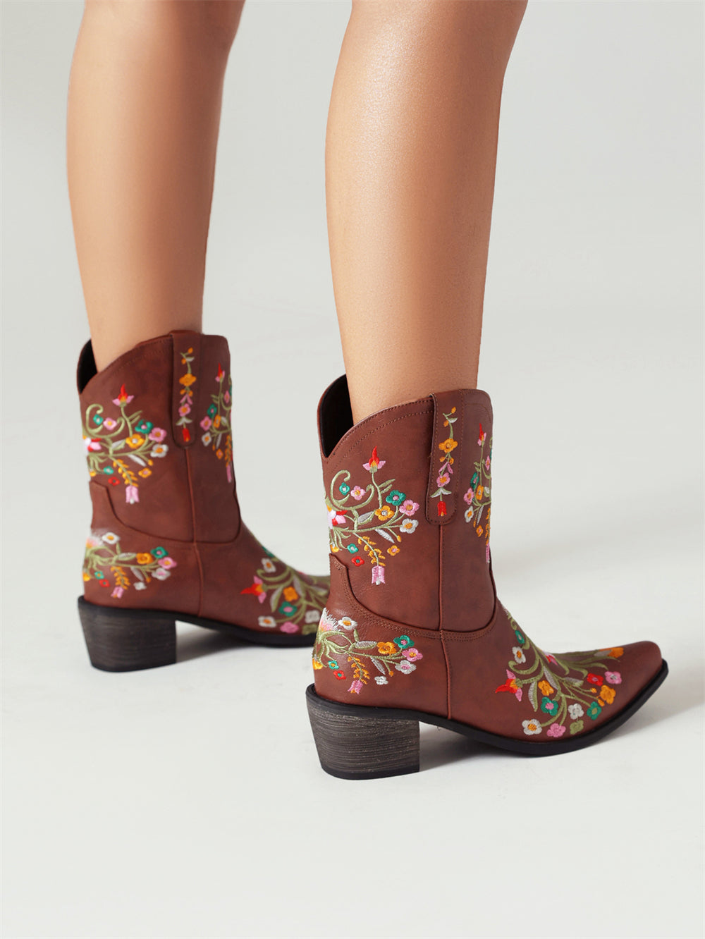 Brown Embroidered Floral Western Cowboy Boots