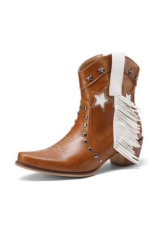 Brown Fringe Wing Cowboy Boots Studs and Star Classics Ankle Western Booties for Women