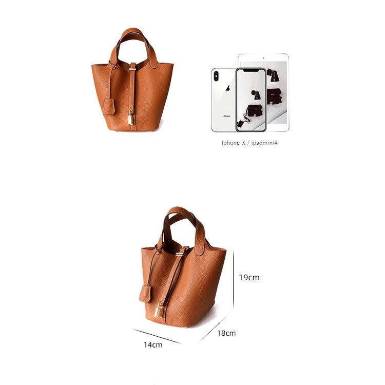 Brown leather popular handbag bucket bag tote large capacity commuting bag