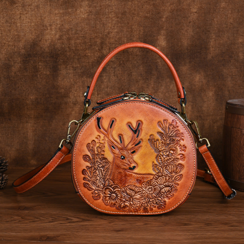 <tc>Brown Leather Elk Printed Retro Round Shoulder Bags</tc>