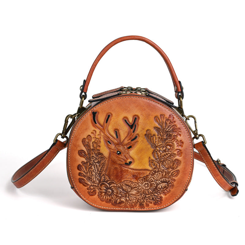 <tc>Brown Leather Elk Printed Retro Round Shoulder Bags</tc>