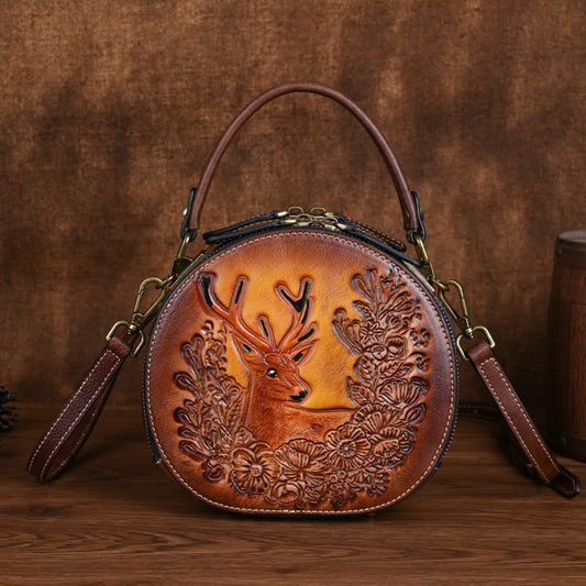 <tc>Coffee Brown Leather Elk Printed Retro Round Shoulder Bags</tc>