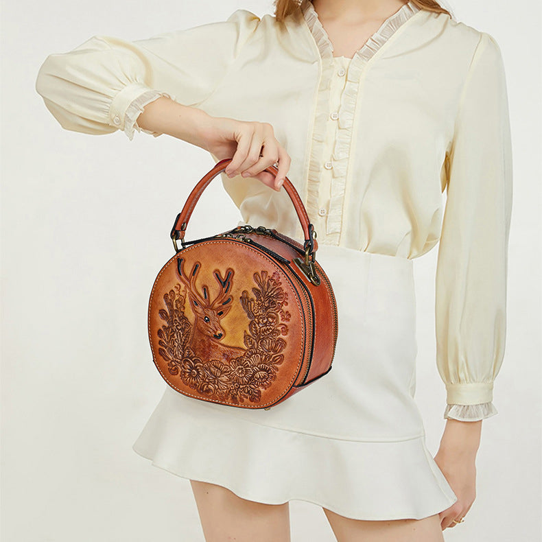 <tc>Brown Leather Elk Printed Retro Round Shoulder Bags</tc>