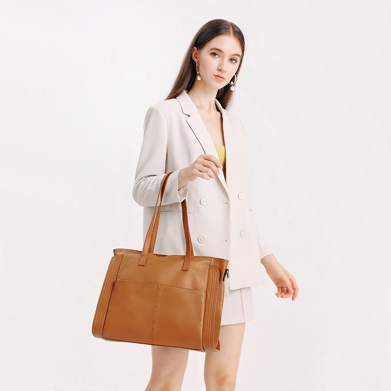 Brown Leather Zipper Tote Big Shoulder Bag with Pockets