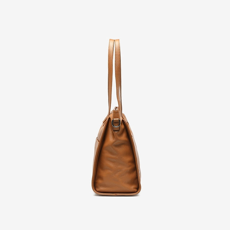 Brown Leather Zipper Tote Big Shoulder Bag with Pockets