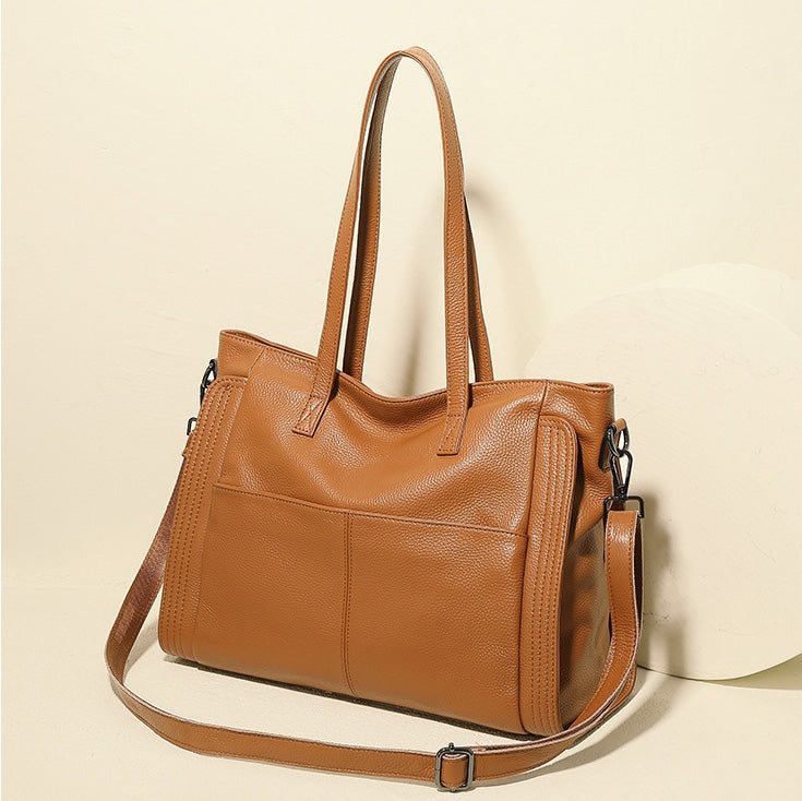 Brown Leather Zipper Tote Big Shoulder Bag with Pockets