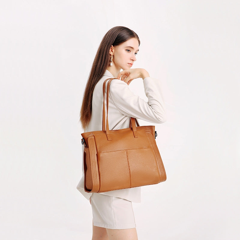 Brown Leather Zipper Tote Big Shoulder Bag with Pockets