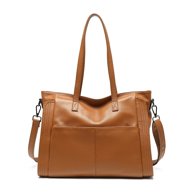 Brown Leather Zipper Tote Big Shoulder Bag with Pockets