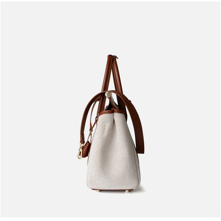 <tc>Brown Leather and Canvas Satchel Handbags Shoulder Bag</tc>