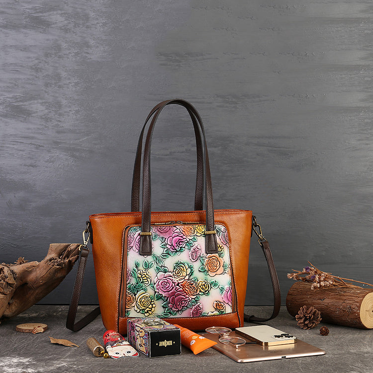 <tc>Green Retro Leather Flowers Tote Bags</tc>