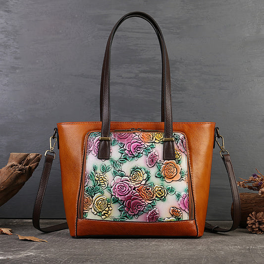 <tc>Brown Retro Leather Flowers Tote Bags</tc>