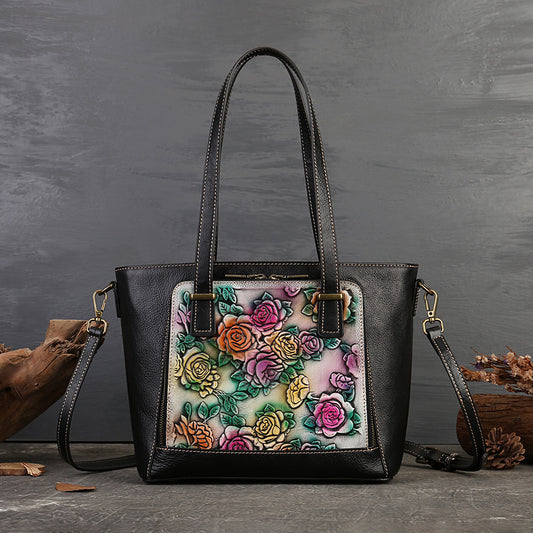 <tc>Black Retro Leather Flowers Tote Bags</tc>