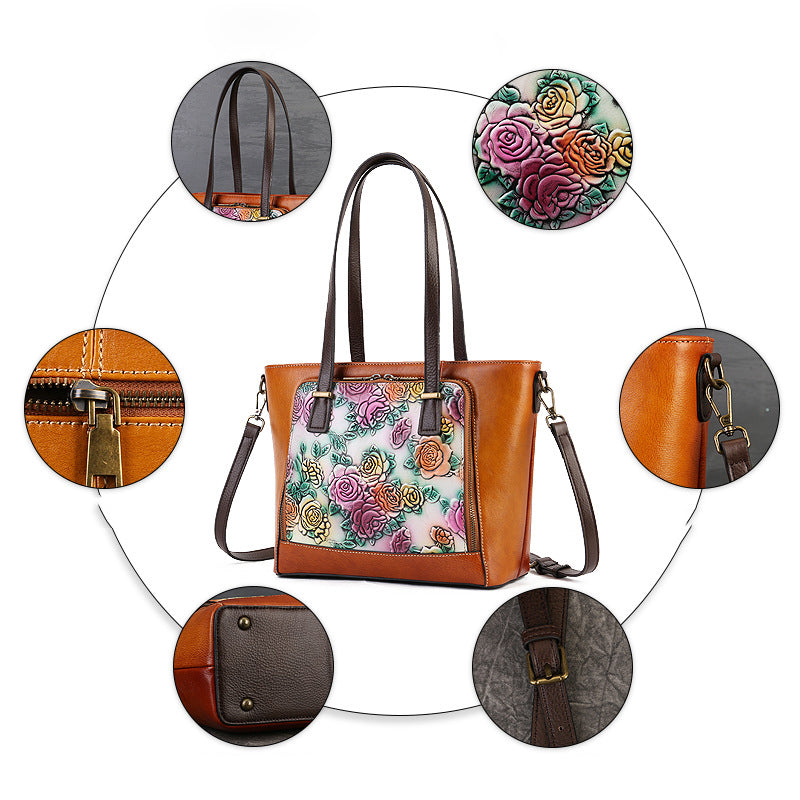 <tc>Green Retro Leather Flowers Tote Bags</tc>