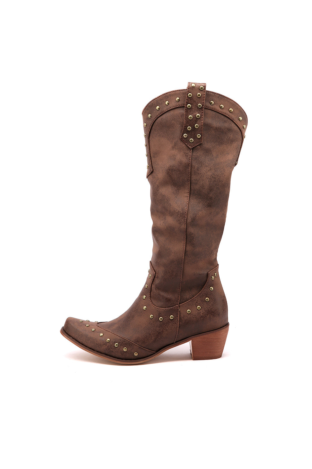 Brown Vegan Leather Studs Retro Women's Cowboy Boots Cool Cowgirl Booties